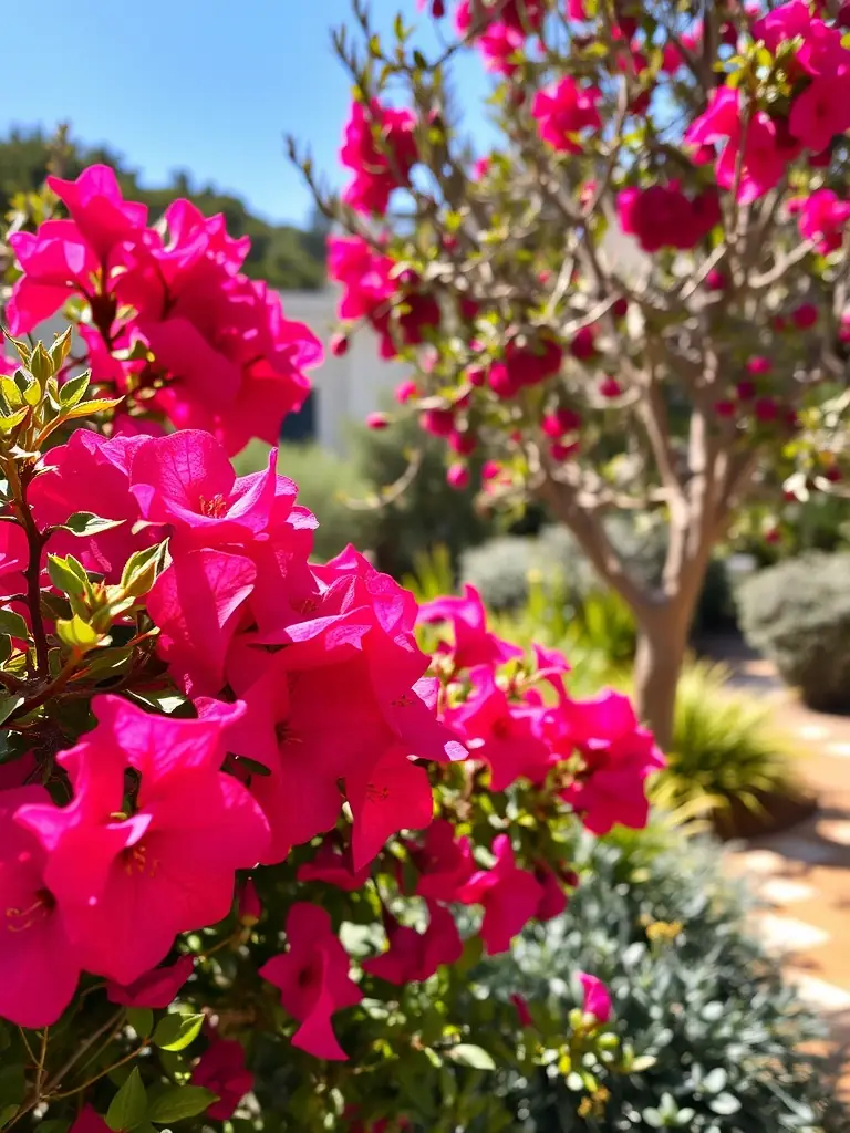 A close-up shot of the Mediterranean gardens at Casa Vella, featuring vibrant bougainvillea, olive trees, and other native plants. The image emphasizes the textures and colors of the garden.