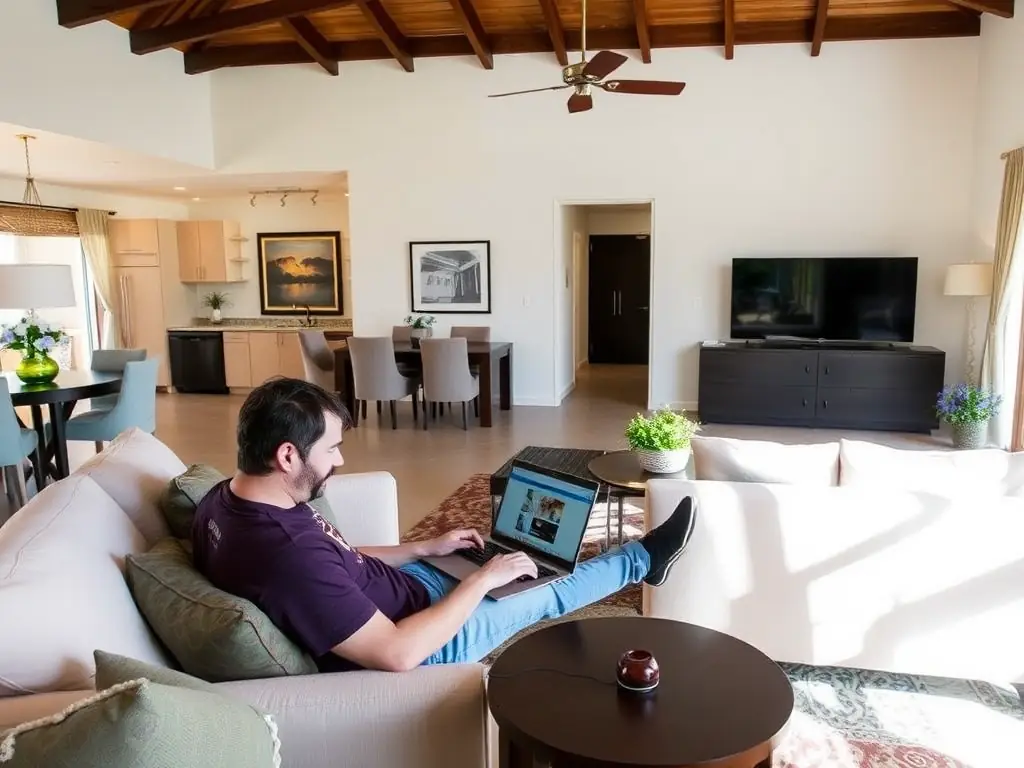 A photograph of a guest using a laptop in one of Casa Vella's indoor living areas, highlighting the seamless high-speed Wi-Fi connectivity.