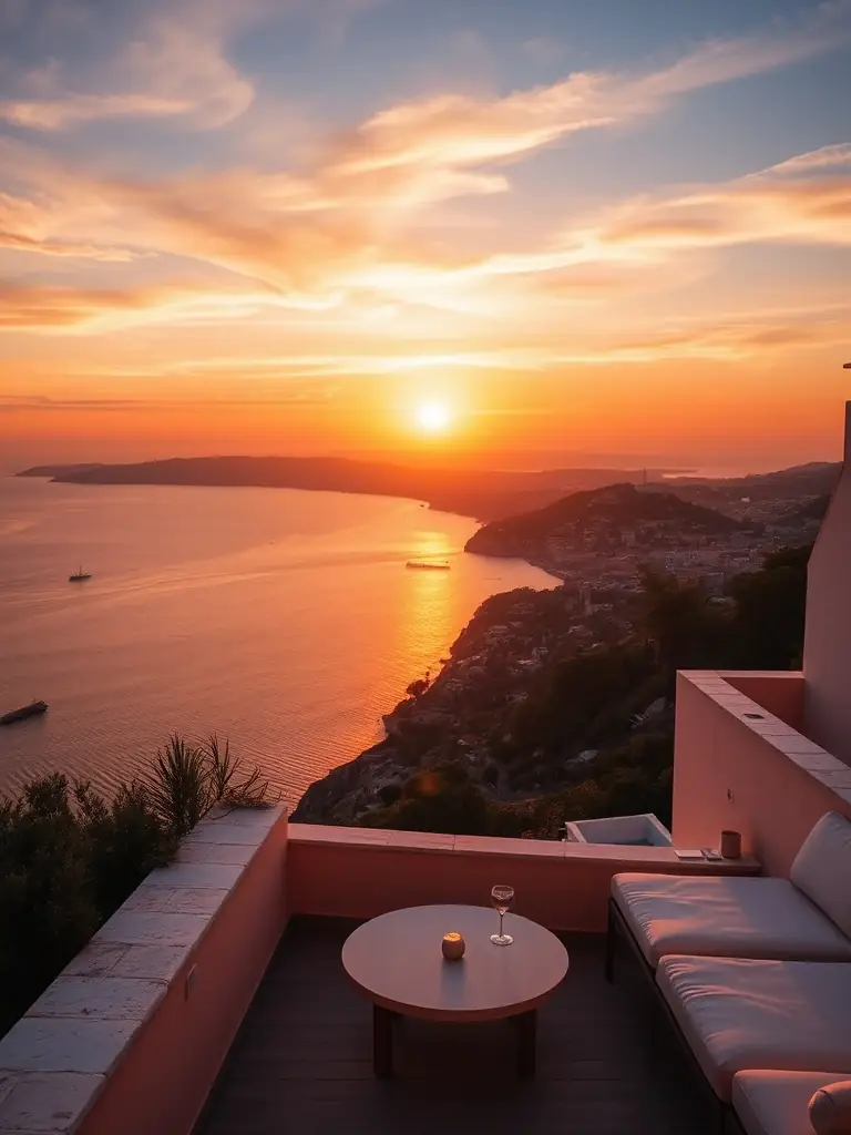 A sunset view from one of Casa Vella's terraces, showcasing the panoramic vista of the sea and the silhouette of Dalt Vila in the distance. Warm, golden light bathes the scene.