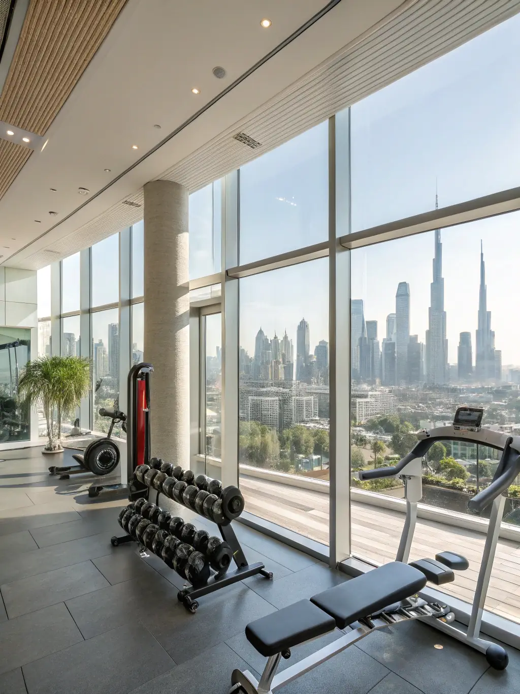 An image of the villa's private gym, equipped with modern fitness equipment and offering views of the surrounding gardens.