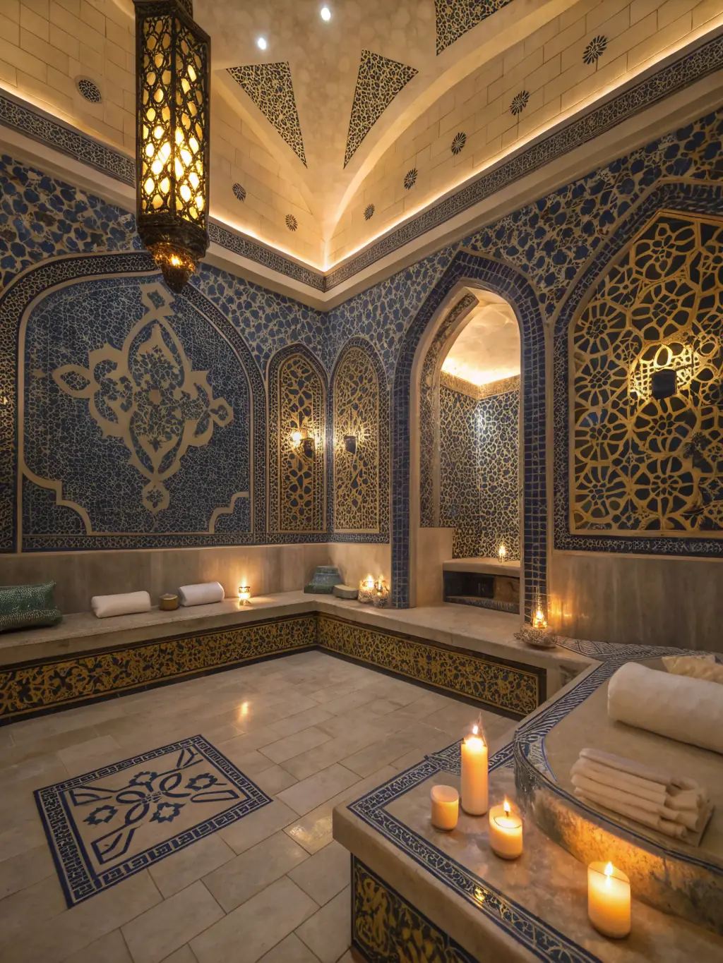 A photograph of the villa's hammam, showcasing its tranquil atmosphere and traditional design elements.