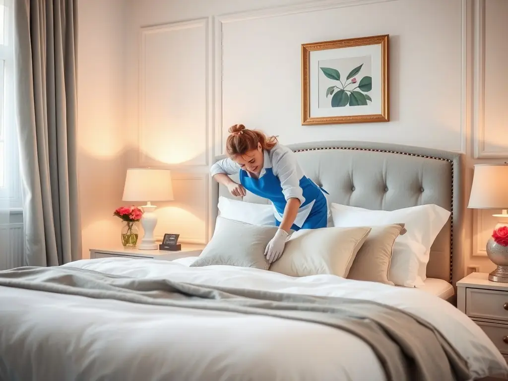 A photograph showcasing a housekeeper tidying up one of Casa Vella's luxurious bedrooms, with sunlight streaming through the window.