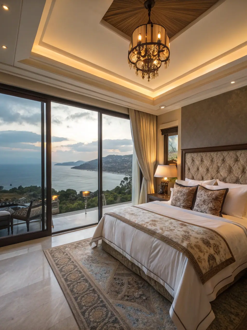 A photograph showcasing one of Casa Vella's en-suite bedrooms, featuring luxurious linens, elegant decor, and a view of the Mediterranean Sea.